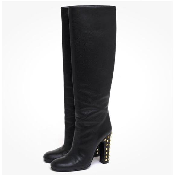 GUCCI Maori Jacquelyne Studded Leather Knee Boots 37.5 Black Gold Heel - Picture 1 of 16